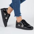 Raya Star Detail Lace Up Patent Trainers In Black Faux Leather, Black