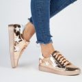 Raya Star Detail Lace Up Patent Trainers In Rose Gold Faux Leather, Rose Gold