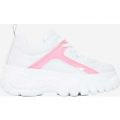 Galaxy Fluorescent Pink Detail Platform Trainer In White Faux Leather, White
