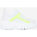 Galaxy Fluorescent Green Detail Platform Trainer In White Faux Leather, White
