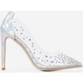 Girls Best Friend Diamante Perspex Court Heel In Silver Patent, Silver