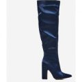 Glaze Slouched Over The Knee Long Boot In Navy Satin, Blue