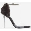 Hadley Diamante Perspex Heel In Black Faux Fur and Faux Suede, Black