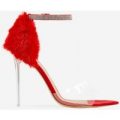 Hadley Diamante Perspex Heel In Red Faux Fur and Faux Suede, Red