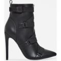 Halle Strap Detail Ankle Boot In Black Faux Leather, Black
