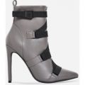 Halle Strap Detail Ankle Boot In Grey Faux Leather, Grey
