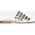 Hazel Silver Studded Detail Slider In White Faux Leather, White