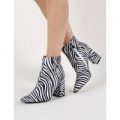 Hollie Pointed Toe Ankle Boots in Zebra Print, Black