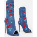 Honey Floral Embroidered Peep Toe Ankle Boot In Blue Denim, Blue