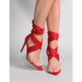 Hotspot Tie Up Heels With Perspex Strap Suede, Red