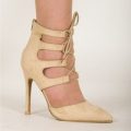 Beth Cream Faux Suede Pointed Lace Up Heels, Nude