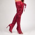 Hailey Burgundy Lace Up Over The Knee Peep Toe Boot In Satin, Red