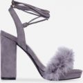Naina Lace Up Block Heel In Grey Faux Suede, Grey