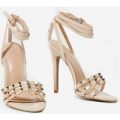 Carla Lace Up Studded Detail Heel In Nude Faux Leather, Nude