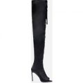 Hailey Black Lace Up Over The Knee Peep Toe Boot In Satin, Black