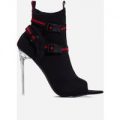 Lit Perspex Buckle Detail Pointed Peep Toe Ankle Sock Boot In Black Lycra, Black