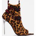 Lit Perspex Buckle Detail Pointed Peep Toe Ankle Sock Boot In Tan Leopard Faux Suede, Brown