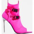 Lit Perspex Buckle Detail Pointed Peep Toe Ankle Sock Boot In Pink Lycra, Pink
