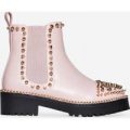 Jack Gold Studded Detail Biker Boot In Pink Faux Leather, Pink