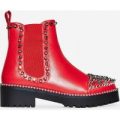 Jack Silver Studded Detail Biker Boot In Red Faux Leather, Red