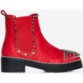 Jack Silver Studded Detail Biker Boot In Red Faux Suede, Red