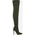 Jazmin Knitted Thigh High Long Boot In Khaki Faux Suede, Green