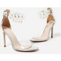 Jewel Gem Embellished Perspex Heel In Silver Faux Leather, Silver