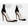 Jewel Gem Embellished Perspex Heel In Black Faux Suede, Black