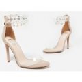 Jewel Gem Embellished Perspex Heel In Nude Faux Suede, Nude