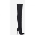 Jodie Skinny Heel Pointed Toe Thigh High Long Boot In Black Lycra, Black