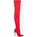 Jodie Skinny Heel Pointed Toe Thigh High Long Boot In Red Lycra, Red