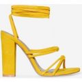 Joice Knot Detail Lace Up Block Heel In Yellow Faux Suede, Yellow