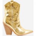 Kani Western Ankle Boot In Metallic Gold Croc Print Faux Leather, Gold