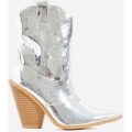 Kani Western Ankle Boot In Metallic Silver Croc Print Faux Leather, Silver