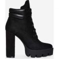 Kaden Lace Up Platform Biker Boot In Black Faux Suede, Black