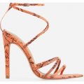 Kaia Pointed Barely There Heel In Neon Orange Snake Print Faux Leather, Orange