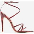 Kaia Pointed Barely There Heel In Red Snake Print Faux Leather, Red