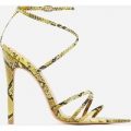 Kaia Pointed Barely There Heel In Yellow Snake Print Faux Leather, Yellow