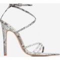Kaia Pointed Barely There Heel In Grey Snake Print Faux Leather, Grey