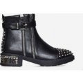 Kalda Zip And Studded Detail Biker Boot In Black Faux Leather, Black