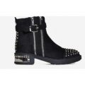 Kalda Zip And Studded Detail Biker Boot In Black Faux Suede, Black