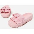 Kanon Frill Detail Slider In Pink Faux Suede, Pink