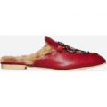 Kapri Embroidered Faux Fur Lined Slip On Mule In Red Faux Leather, Red