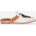 Kapri Embroidered Faux Fur Lined Slip On Mule In Nude Faux Leather, Nude