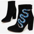 Kassia Blue Snake Ankle Boot In Black Faux Suede, Black