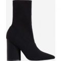 Kayla Pointed Block Heel Ankle Sock Boot In Black Canvas, Black