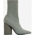 Kayla Pointed Block Heel Ankle Sock Boot In Khaki Canvas, Green