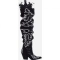 Kelsie Embroidered Western Thigh High Long Boot In Black Faux Leather, Black