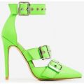 Kendall Buckle Strap Detail Heel In Neon Green Faux Leather, Green