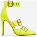 Kendall Buckle Strap Detail Heel In Neon Yellow Faux Leather, Yellow